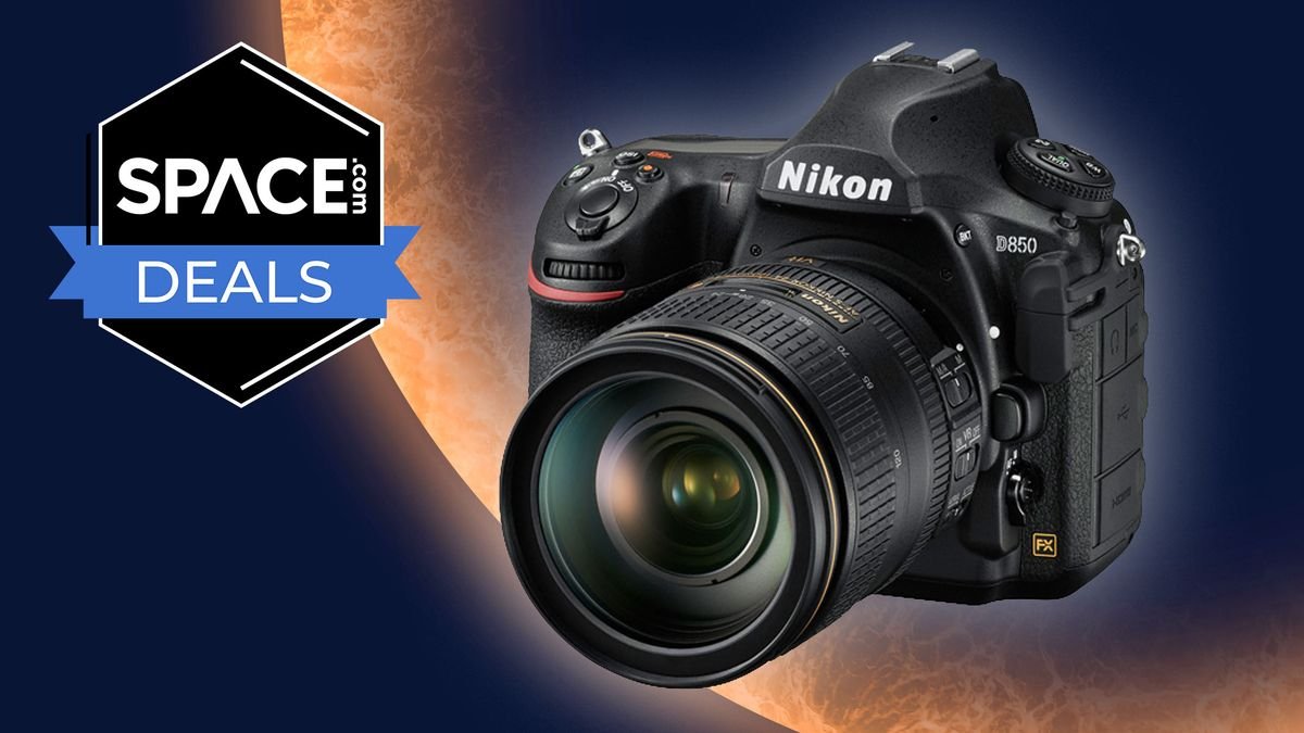 Nikon D850 in front of an eclipsed sun backdrop with spacecom deal logo in the top left corner