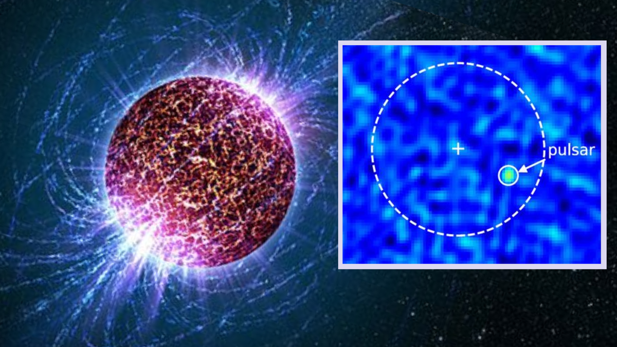 On the left a purple sphere with arcs of blue emerging from and connecting at its poles next to a blue square with dark dots a white cross at its center and a green blob at the edge of a dotted white line within it