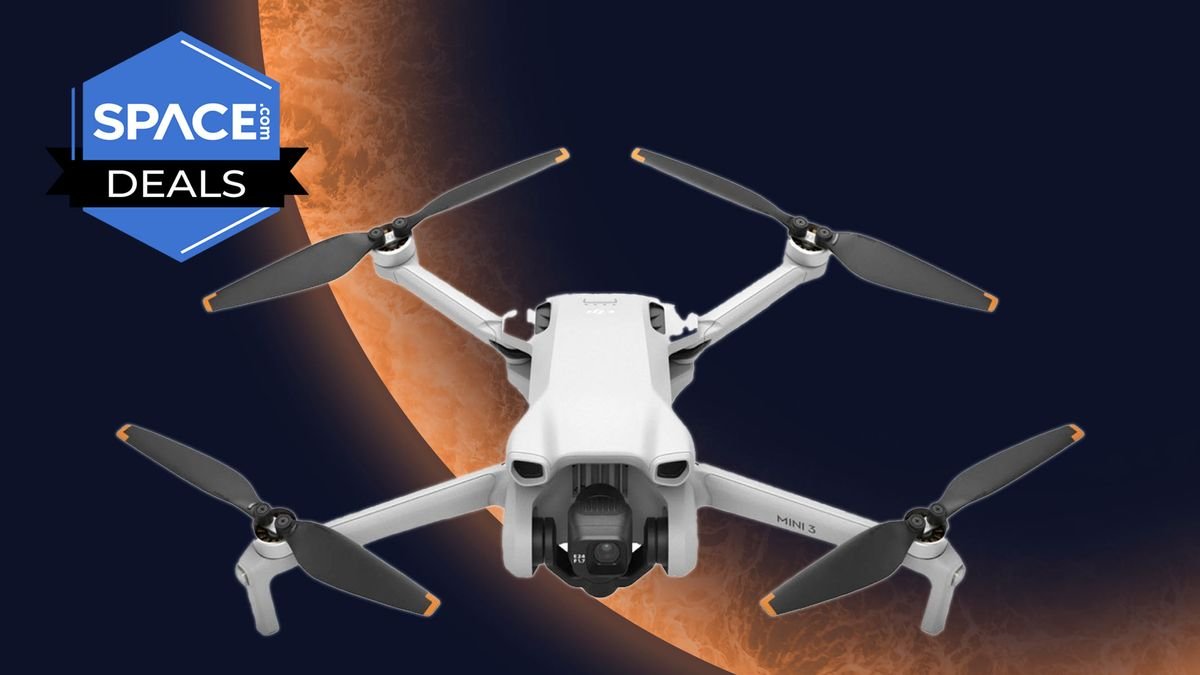 DJI Mini 3 drone in front of an orange planet background with a sticker in the top left corner showing spacecom