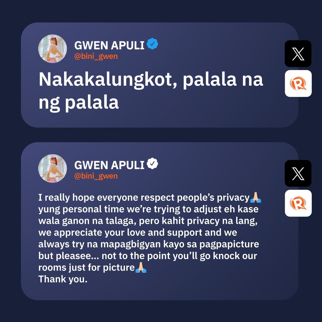 BINI’s Gwen pleads fans to respect the privacy of the P-pop group’s members after she noticed fans knocking on their rooms to ask for a picture. ABS-C