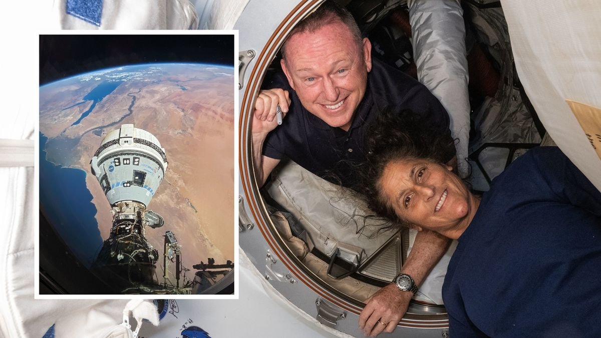 Two NASA astronauts smile on the International Space Station with an inset of their Boeing Starliner capsule.