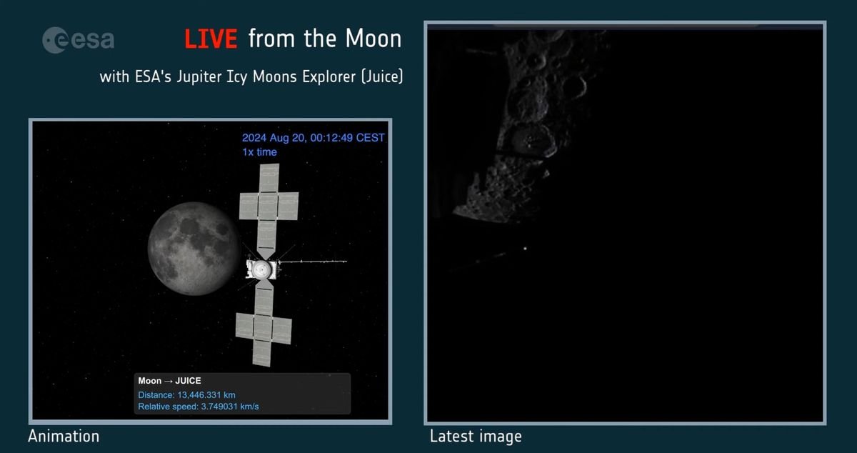 At left: illustration of a spacecraft with the moon in the background. At right: dark, blurry image of the moon