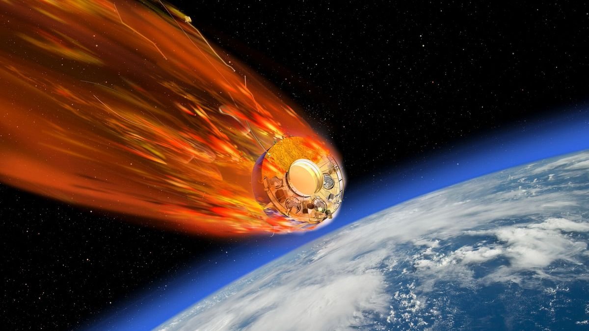 A satellite burning up as it travels through Earth's atmosphere. Pieces of the satellite are breaking off