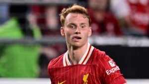 Liverpool's Sepp Van Den Berg in action during an international friendly soccer match against Arsenal, Wednesday, July 31, 2024, in Philadelphia. (AP Photo/Derik Hamilton)