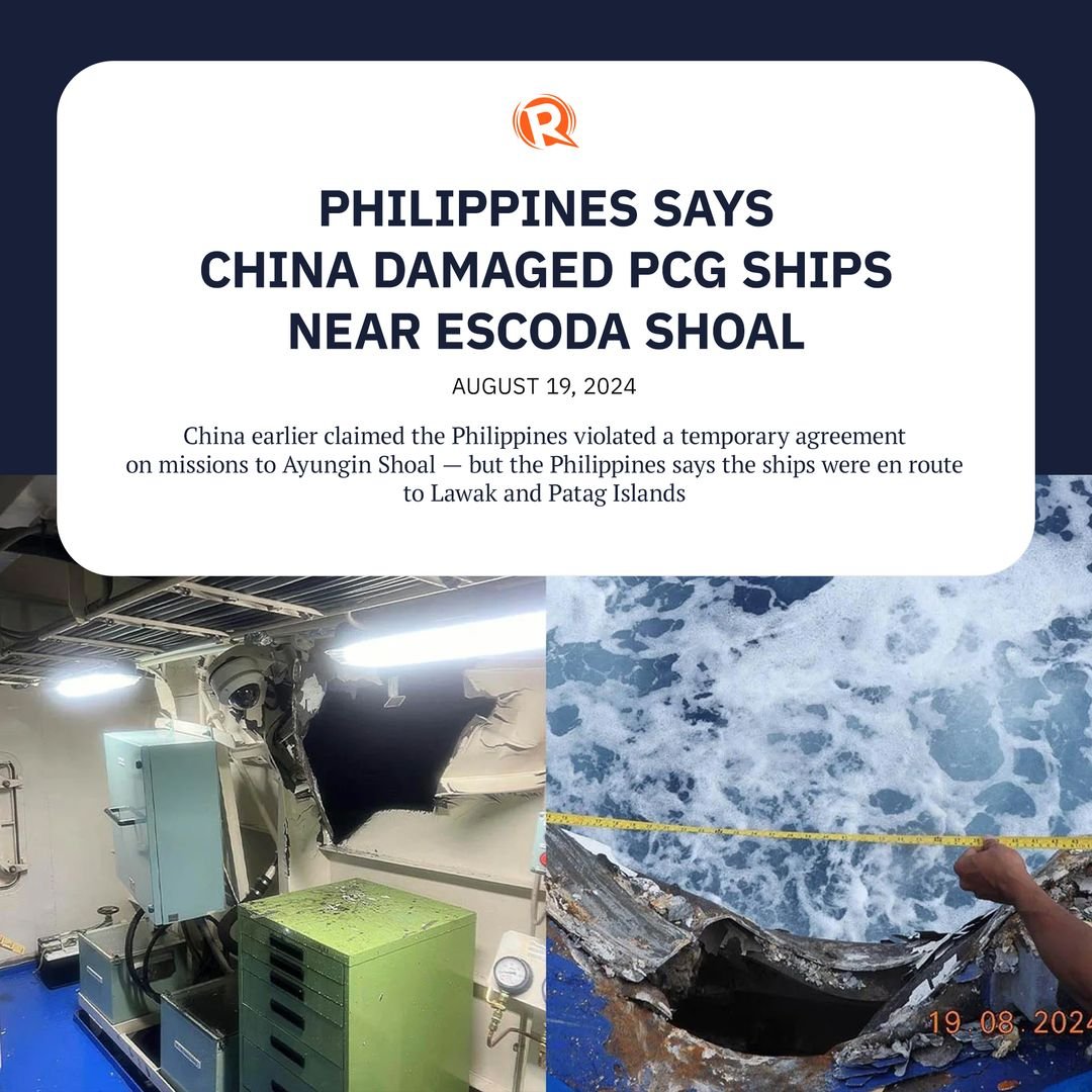 The Philippines said Monday, August 19, that “unlawful and aggressive maneuvers” of the China Coast Guard caused “structural damage” to Philippine Coa