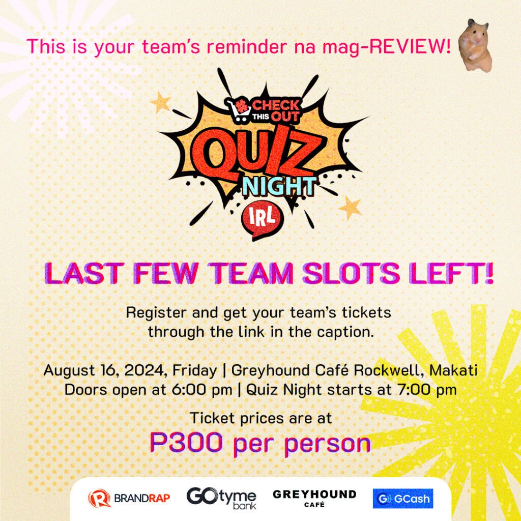 This is not a drill!! The #CheckThisOut Quiz Night, IRL (in real life) is happening, TOMORROW, and team slots are running out! Stock up on Pinoy Gener