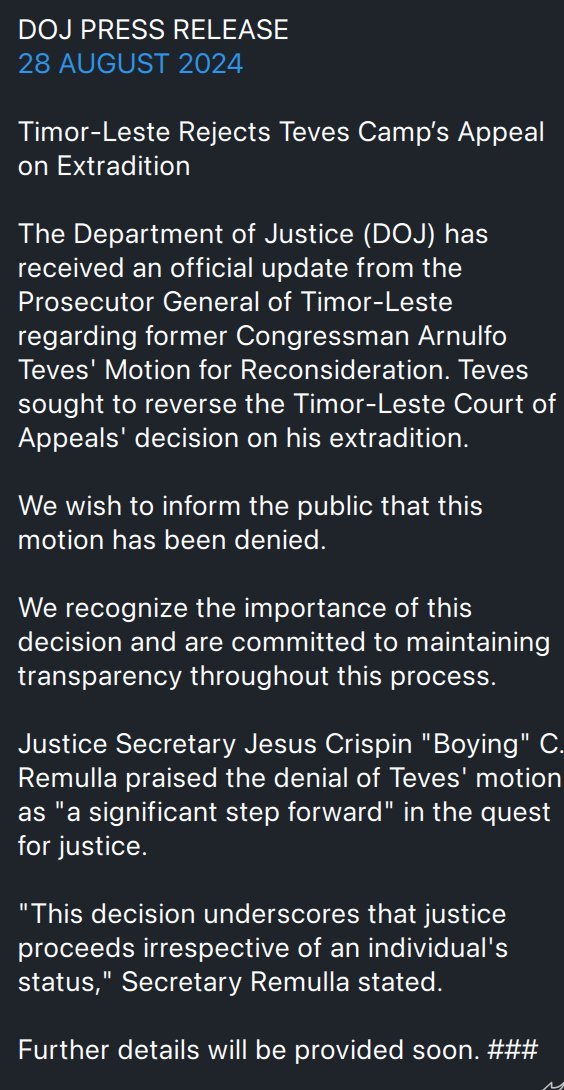 Timor-Leste has denied fugitive lawmaker Arnie Teves' appeal in the ruling that granted the Philippine government's extradition request.