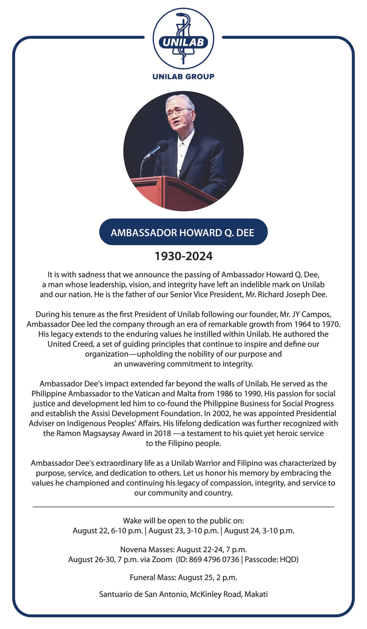 Unilab announces passing of its first president Amb. Howard Q. Dee