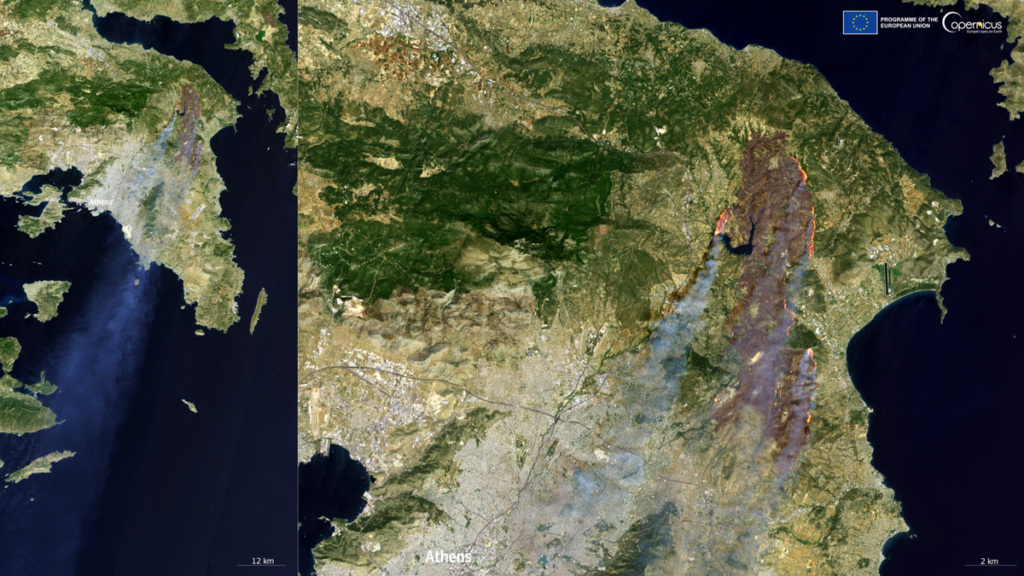 A satellite view of Athens with wildfires burning in a hefty chunk of land.