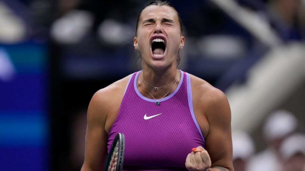 Aryna Sabalenka, of Belarus, reacts against Jessica Pegula, of the United States, during the women's singles final of the U.S. Open tennis championships, Saturday, Sept. 7, 2024, in New York. (AP Photo/Frank Franklin II)