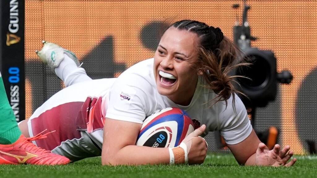 England's Maddie Feaunati scores a try during the Guinness Women's Six Nations match at Twickenham Stadium