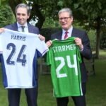 Keir Starmer and Simon Harris trade names on football shirts ahead of England v Ireland