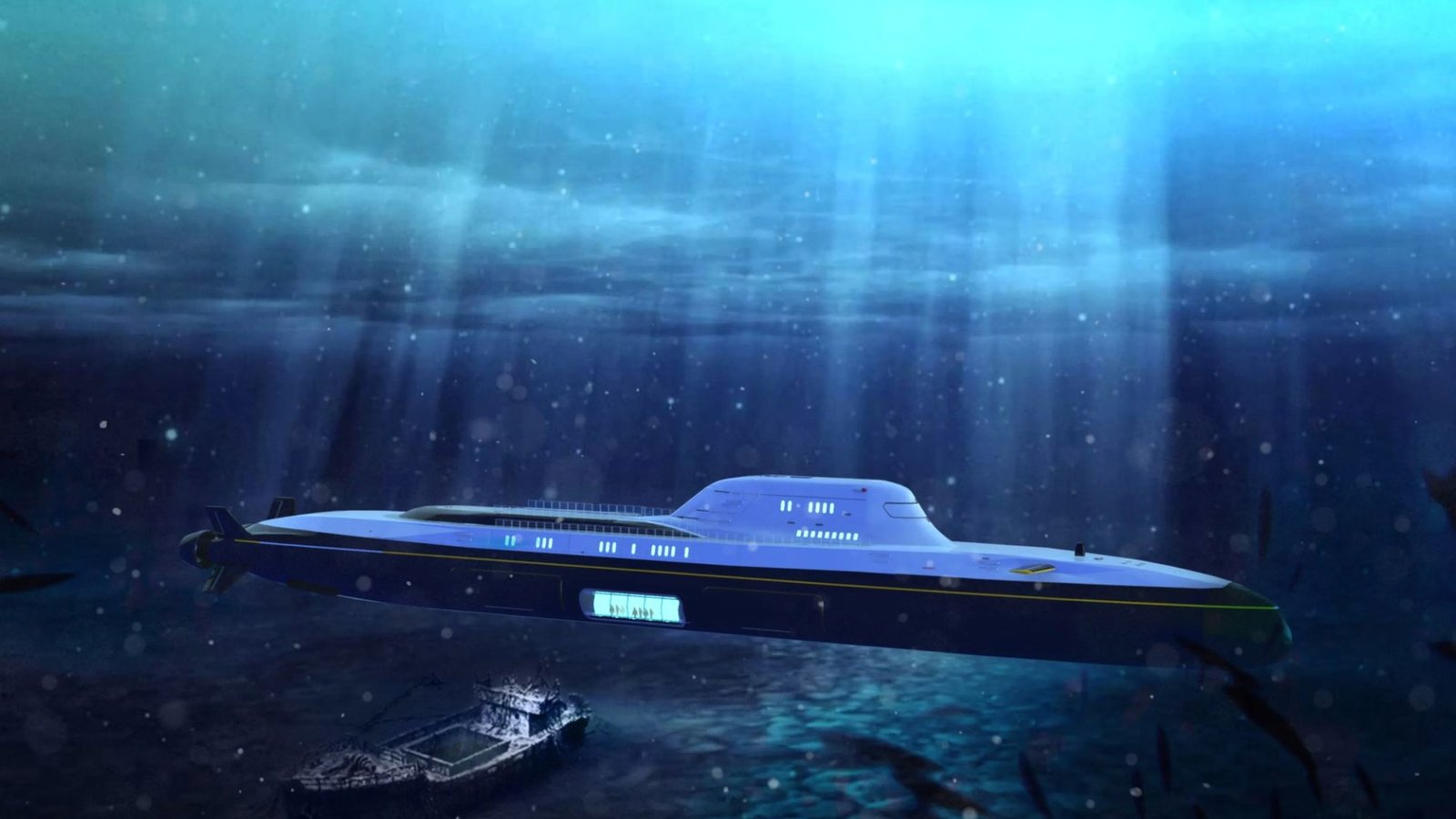 Plans for futuristic 500ft submersible superyacht with onboard spa & helipad for 20 guests to travel in complete luxury