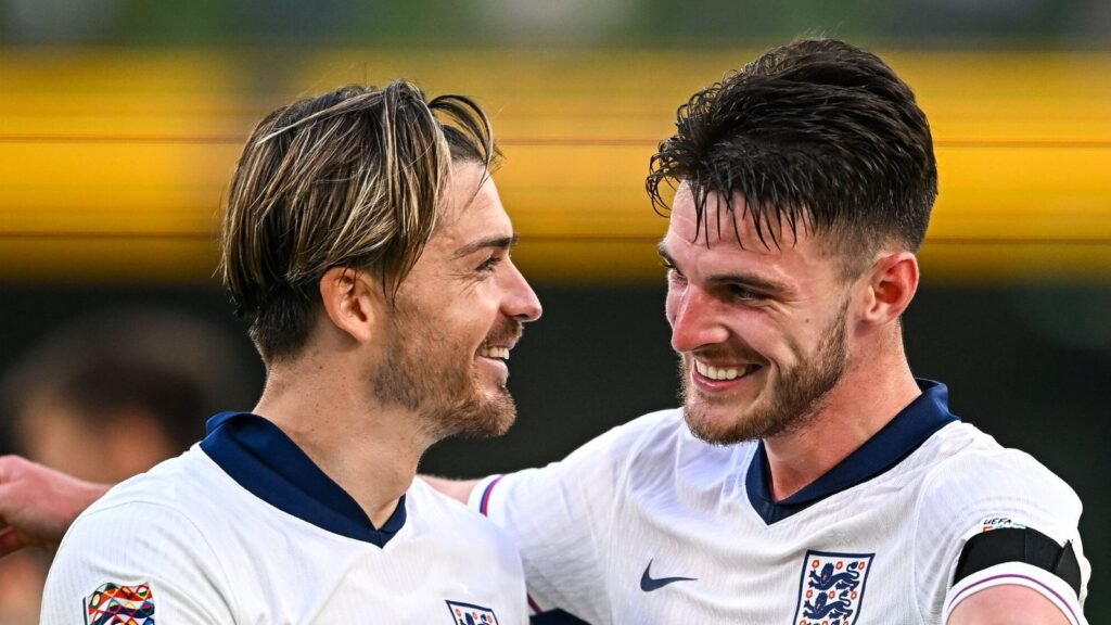 Dublin , Ireland - 7 September 2024; Jack Grealish, left, and Declan Rice of England celebrate at the final whistle of the UEFA Nations League B Group 2 match between Republic of Ireland and England at the Aviva Stadium in Dublin. (Photo By Seb Daly/Sportsfile via Getty Images)