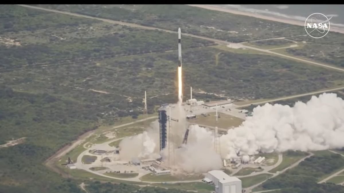 A SpaceX black and white rocket launches the Crew-9 astronaut mission for NASA.