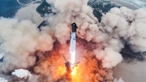 view from above of a giant silver rocket launching, generating a huge plume of dust