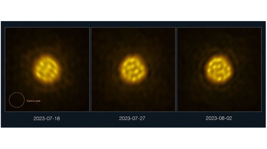 three side-by-side images showing a fuzzy yellow star with bubbles of activity visible on its surface