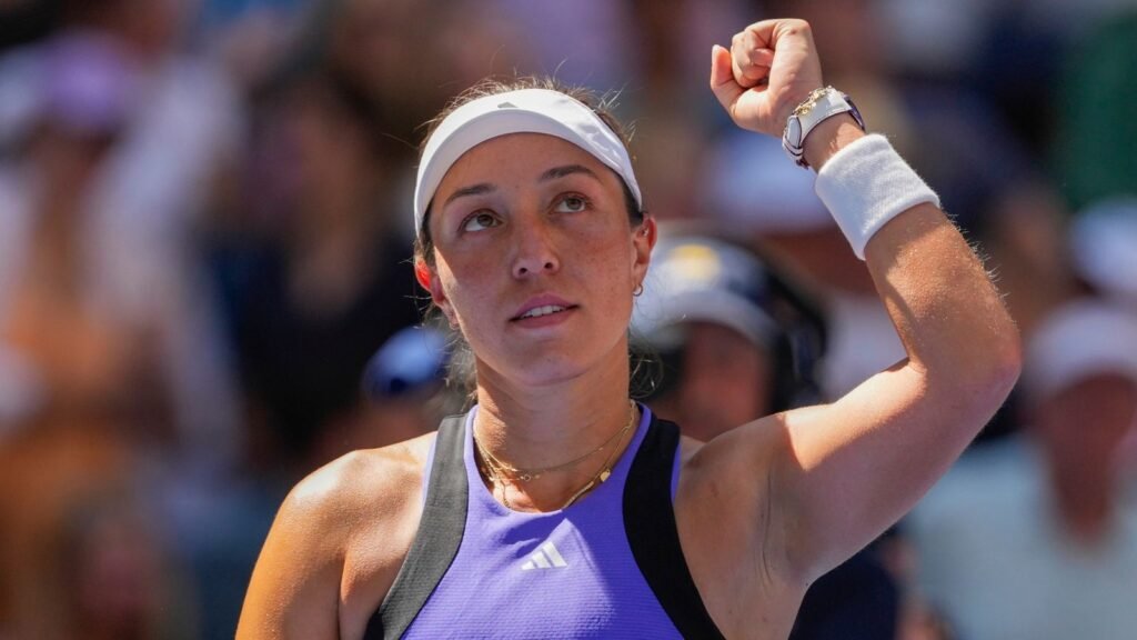 Jessica Pegula, of the United States, reacts after winning a match against Diana Shnaider, of Russia, in the fourth round of the U.S. Open tennis championships, Monday, Sept. 2, 2024, in New York. (AP Photo/Kirsty Wigglesworth)