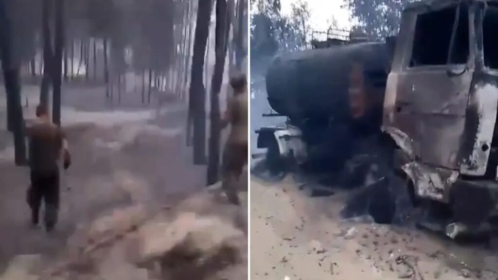 Watch moment shell-shocked Russian troops walk through TANK GRAVEYARD after Ukrainian strike destroys base