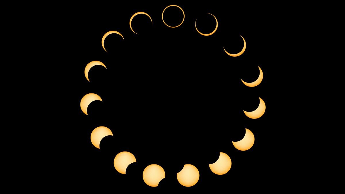 phases of an annular solar eclipse arranged in a circle formation showing the sun get progressively more eclipsed by the moon until just a thin ring of light is visible.