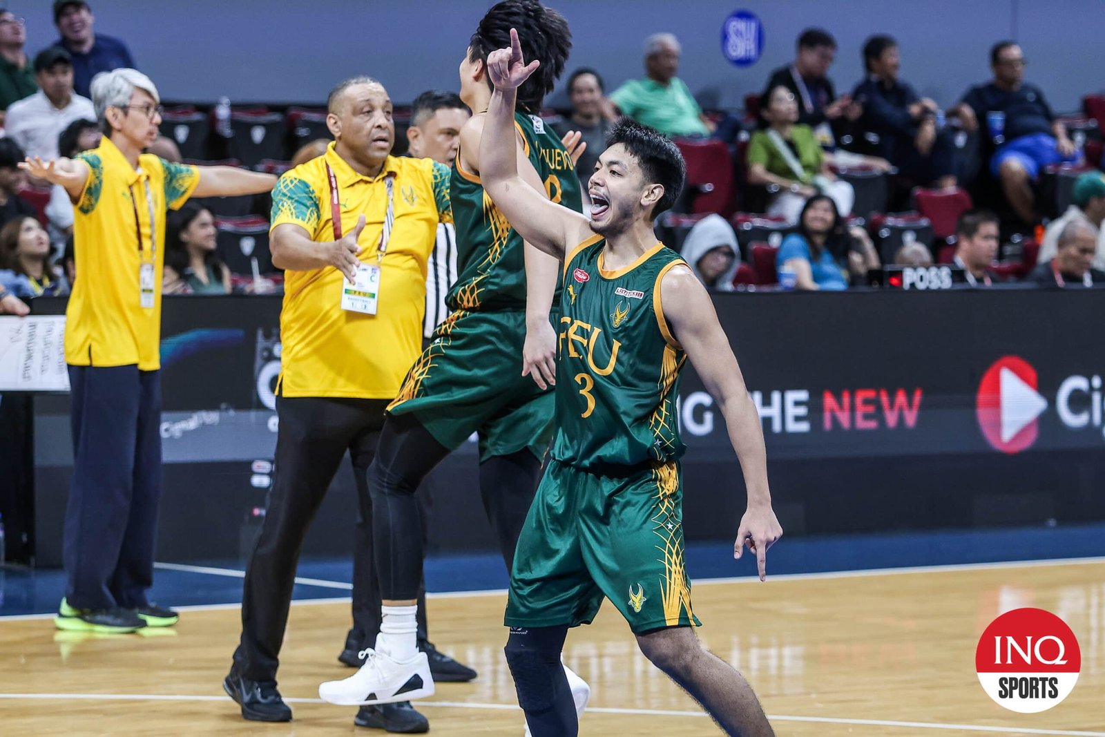 FEU Tamaraws' Jorick Bautista celebrates during a UAAP Season 87 men's basketball game against NU Bulldogs.