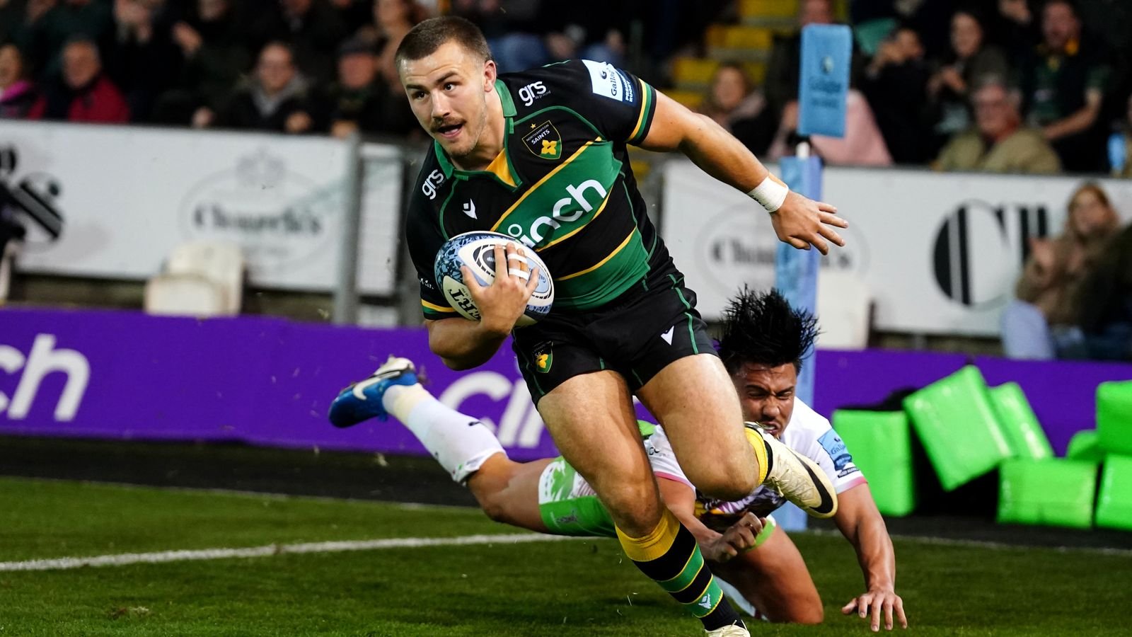 Northampton Saints' Ollie Sleightholme scores their side's second try of the game during the Gallagher Premiership match at the cinch Stadium at Franklin's Gardens, Northampton. Picture date: Friday October 4, 2024.