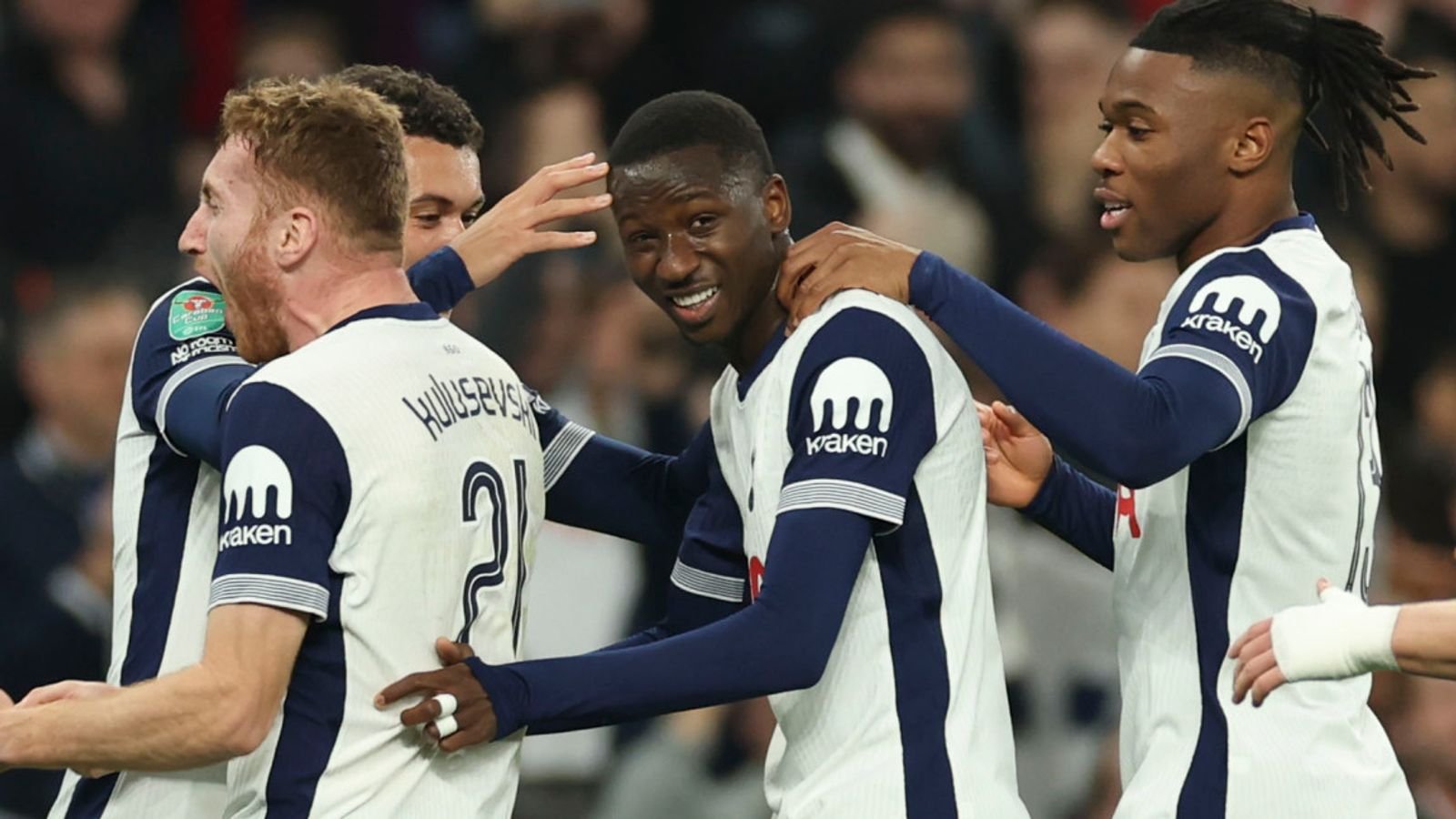 Pape Matar Sarr celebrates with team-mates after putting Spurs 2-0 up (AP Photo/Ian Walton)