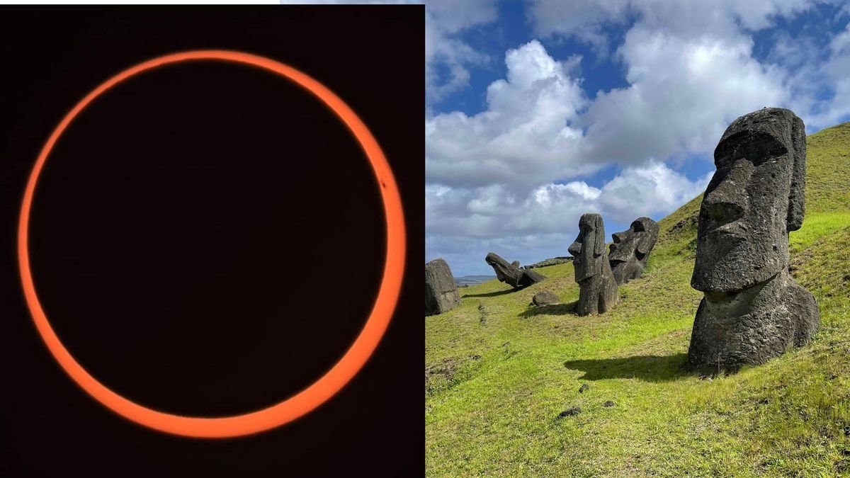 on the left is the ring of fire eclipse and on the right some moai statues.