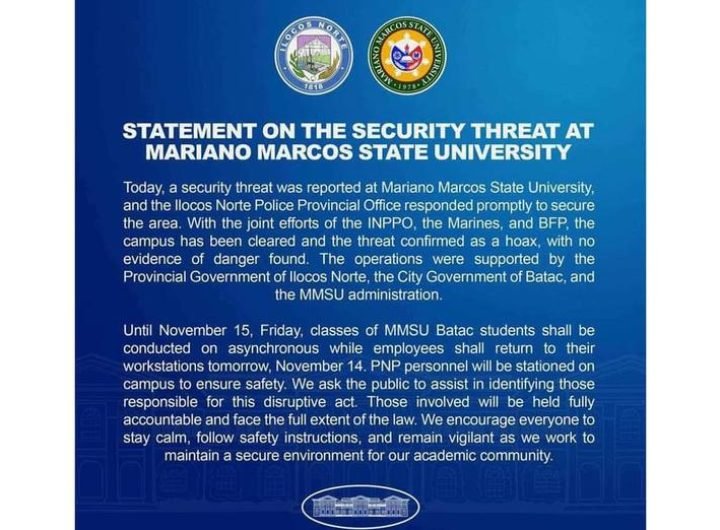 A security threat reported at Mariano Marcos State University (MMSU) prompted immediate action by the Ilocos Norte Police Provincial Office (INPPO), w