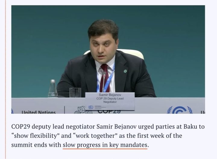 COP29 deputy lead negotiator Samir Bejanov urged parties at Baku to “show flexibility” and “work together” as the first week of the summit ends with s