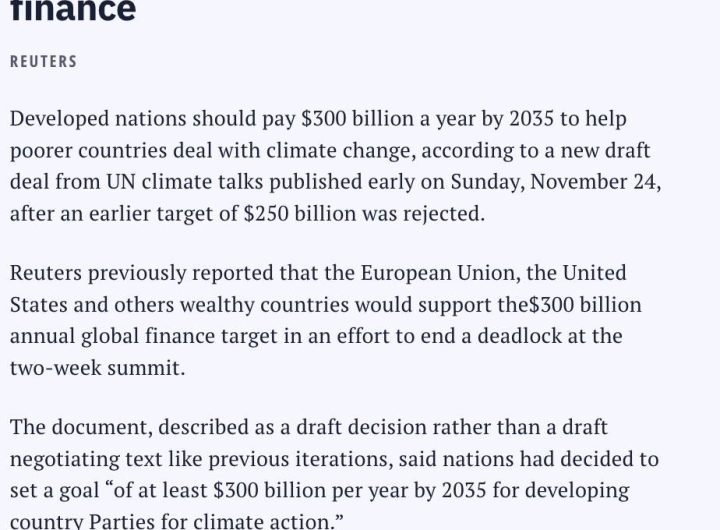 #COP29 draft deal would have rich nations pay $300 billion in climate finance