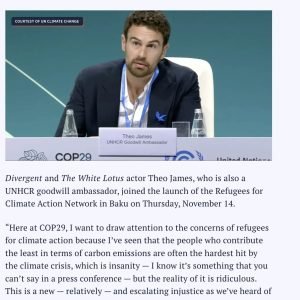 Divergent and The White Lotus actor Theo James, who is also a UNHCR goodwill ambassador, joined the launch of the Refugees for Climate Action Network