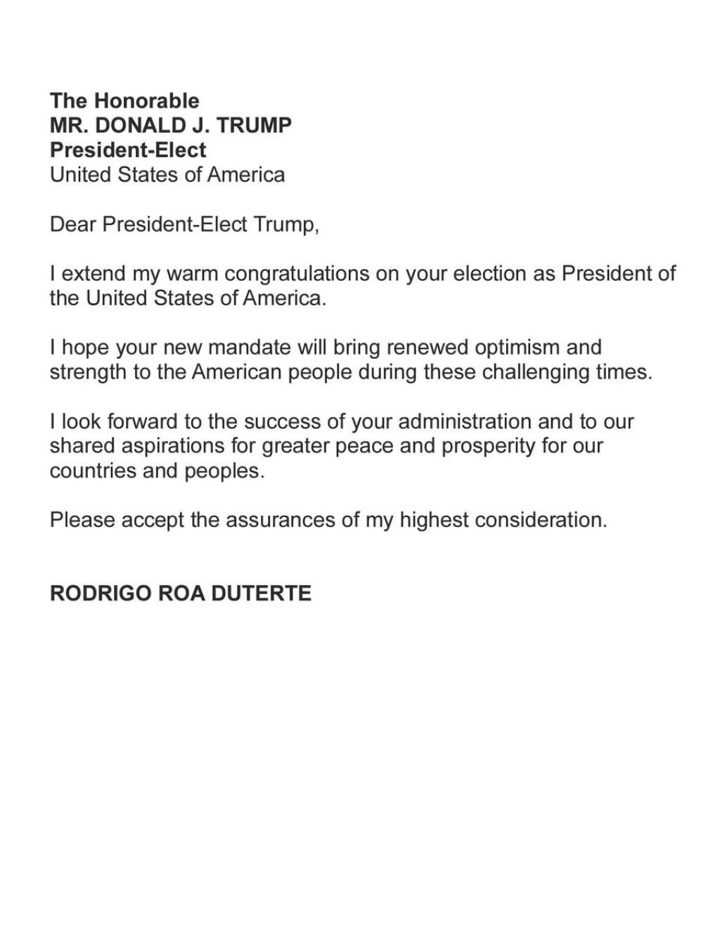 Former President Rodrigo Duterte extends his warm congratulations to U.S. President-elect Donald Trump, expressing hope for renewed optimism and stren