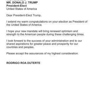 Former President Rodrigo Duterte extends his warm congratulations to U.S. President-elect Donald Trump, expressing hope for renewed optimism and stren