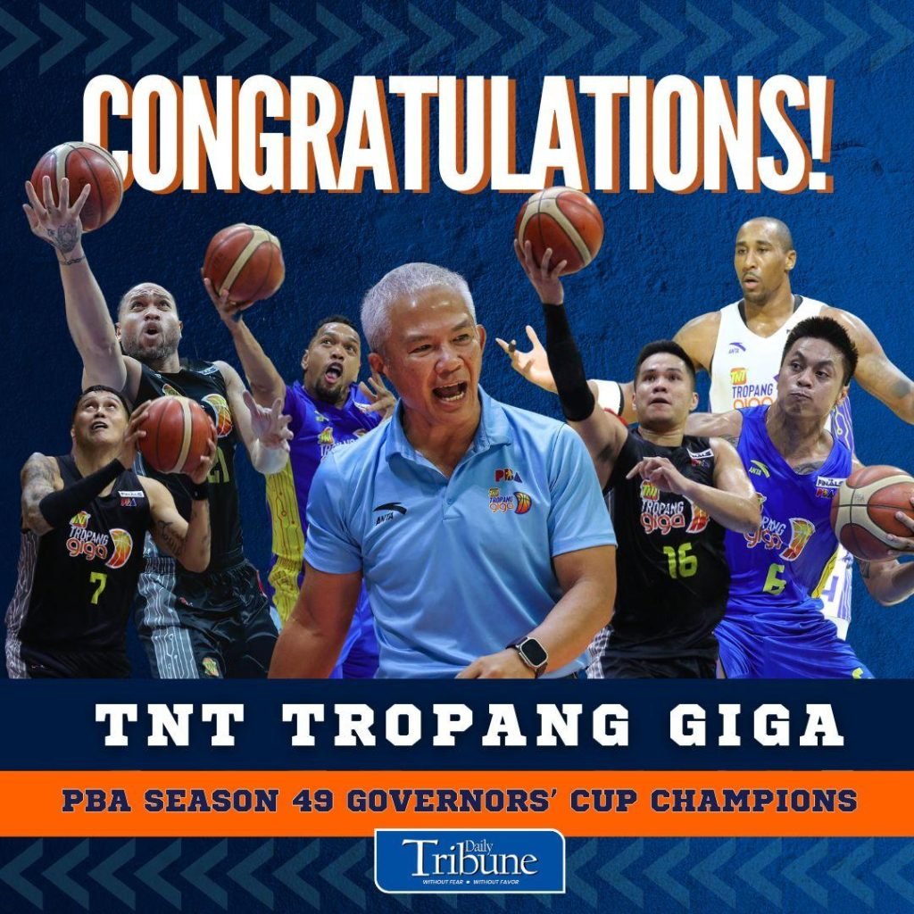 #JustIn: TNT Tropang Giga has won the Philippine Basketball Association Governors' Cup Championship after beating Ginebra San Miguel in Game 6 at the