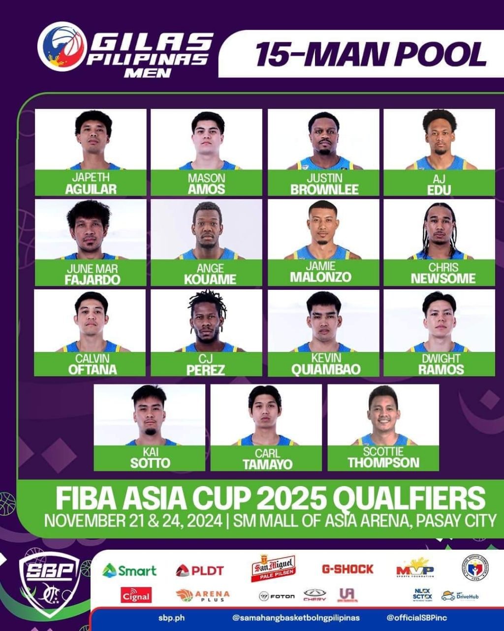 LOOK: The Samahang Basketbol ng Pilipinas released its 15-man Gilas Pilipinas pool for the second round of the FIBA Asia Cup on 21 and 24 November. |