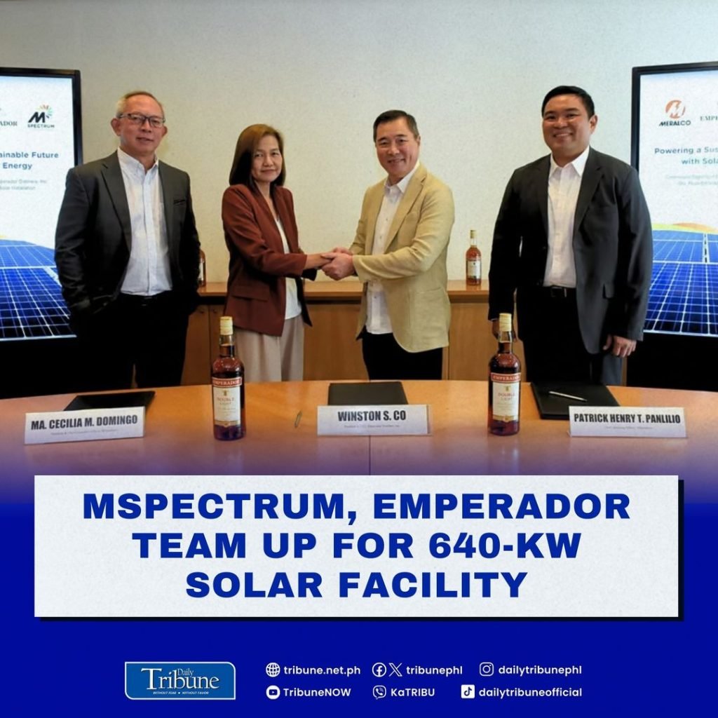 MSpectrum Inc., a solar subsidiary of Manila Electric Company, will install a 640-kilowatt solar facility at an Emperador Distillers Inc. factory in S