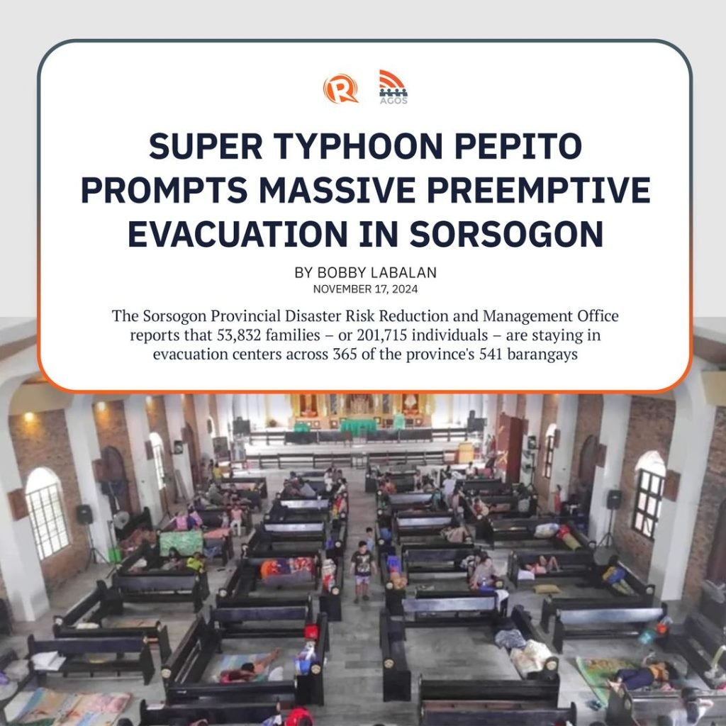 Over 200,000 residents in Sorsogon province were evacuated to safer areas in a preemptive response as Super Typhoon Pepito (Man-yi) grazed mainland Bi