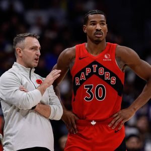 Toronto Raptors head coach Darko Rajakovic talks with guard Ochai Agbaji NBA Cup 2024