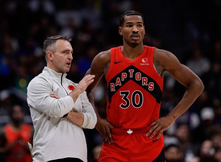 Toronto Raptors head coach Darko Rajakovic talks with guard Ochai Agbaji NBA Cup 2024