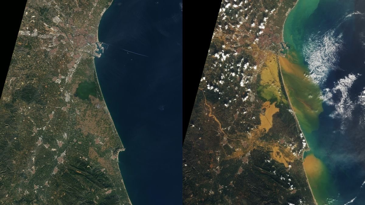 two images of a coastline, side by side. the second shows a lot of dirt flowing into the coastal area due to floods