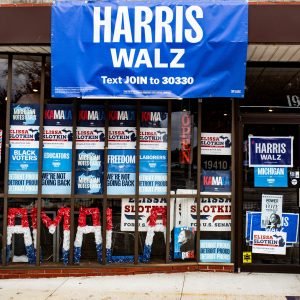 Signs and decorations in support of Democratic presidential nominee US Vice President Kamala Harris are displayed outside a pop-up shop on Livernois A