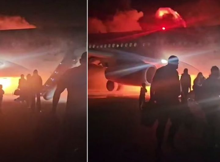 Terrifying moment passenger jet bursts into flames after horror landing in high winds