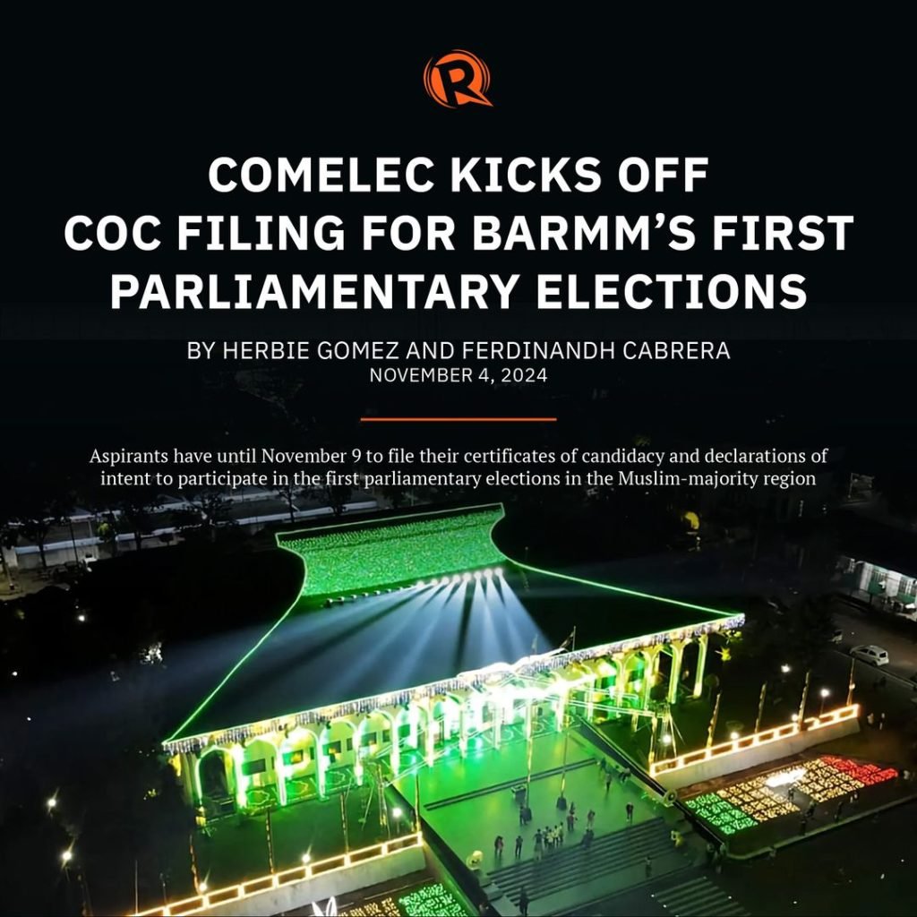 The Bangsamoro Autonomous Region in Muslim Mindanao (BARMM) is a step closer to its first regional parliamentary elections as the Comelec opened the f