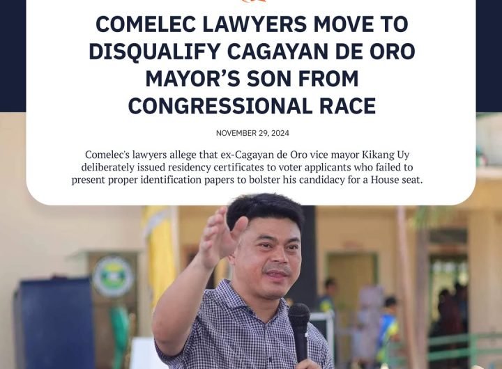 The Comelec law department sought to disqualify former Cagayan de Oro vice mayor Raineir Joaquin “Kikang” Uy from the race for the congressional post