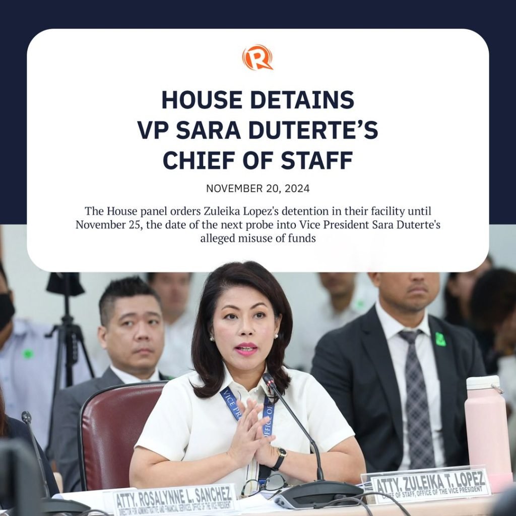 The House good government committee on Wednesday, November 20, cited in contempt and ordered the detention of Vice President Sara Duterte’s chief of s