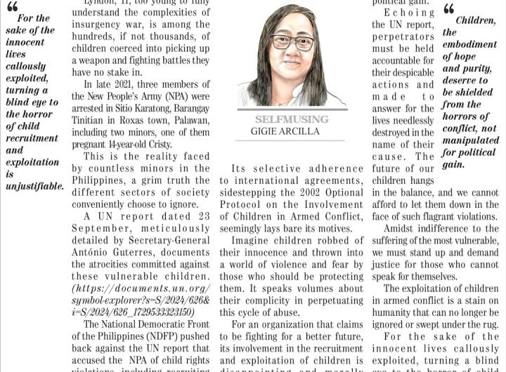 The National Democratic Front of the Philippines (NDFP) pushed back against the UN report that accused the NPA of child rights violations, including r