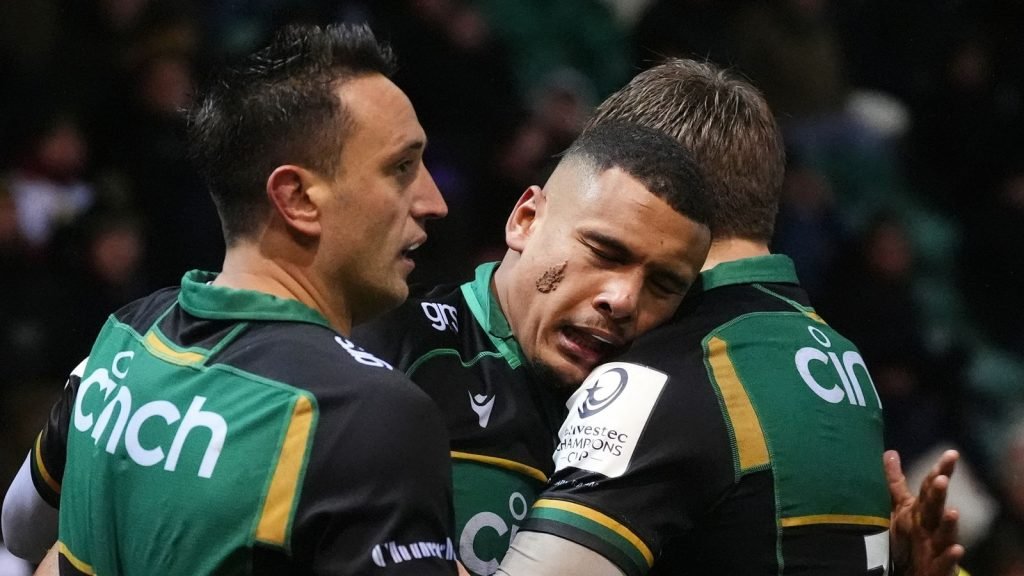 Northampton Saints� Juarno Augustus celebrates with teammates after scoring their side�s third try of the game during the Investec Champions Cup match at cinch Stadium at Franklin's Gardens, Northampton. Picture date: Saturday December 7, 2024