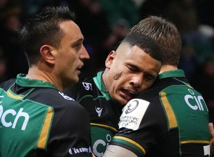 Northampton Saints� Juarno Augustus celebrates with teammates after scoring their side�s third try of the game during the Investec Champions Cup match at cinch Stadium at Franklin's Gardens, Northampton. Picture date: Saturday December 7, 2024