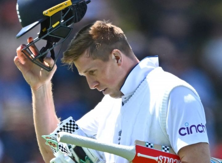 England's Zak Crawley walks from the field after he was out bowled by New Zealand's Matt Henry during play on day one of the second cricket test between New Zealand and England at the Basin Reserve in Wellington, New Zealand, Friday, Dec.6, 2024. (Kerry Marshall/Photosport via AP)